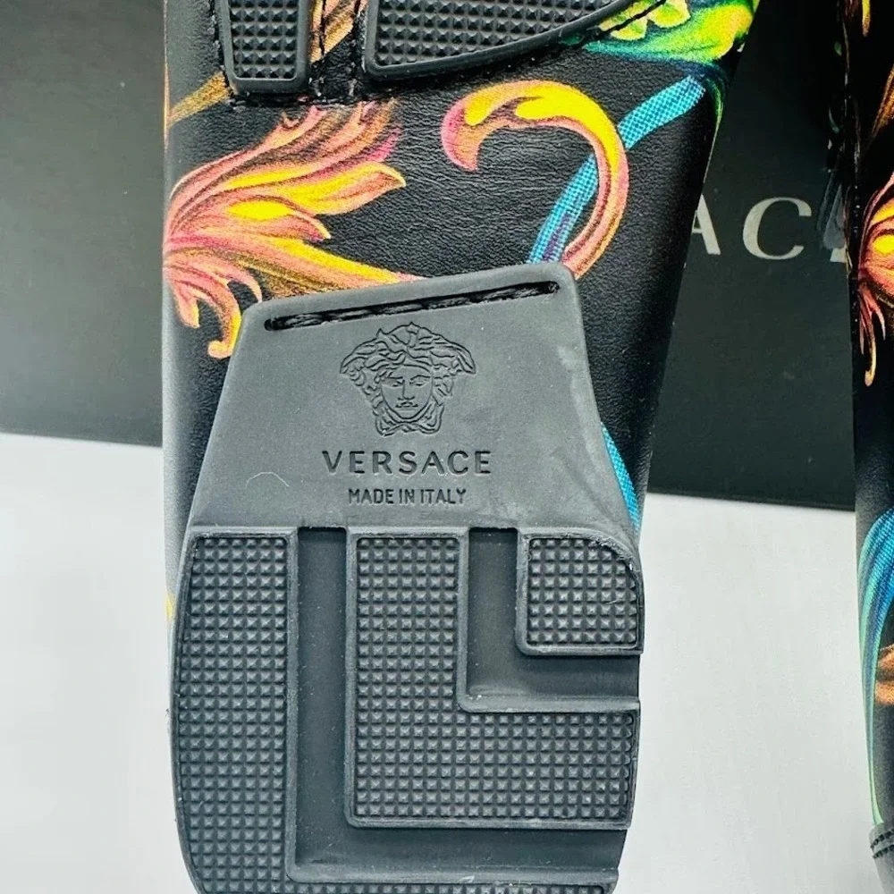 Versace Car Shoe Vitello St Barocco Loafers Black Multicolor Medusa Mens 8 IT 40